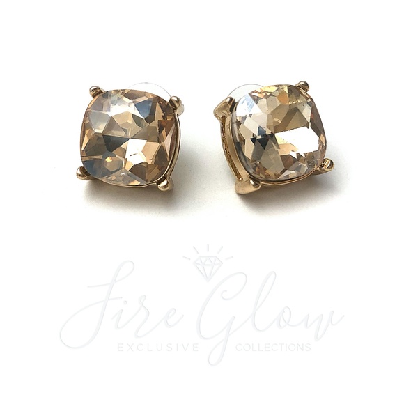 Glass Cushion Cut Champagne Post Earrings - Picture 4 of 10